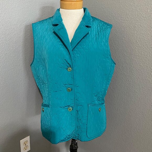 Talbots Quilted Vest Women's Size Large Button-Up Teal Pockets - Picture 1 of 8